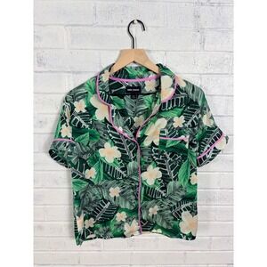 Room Service Pajama Top Women S Green Tropical Palm Leaf Pink Piping PJ Shirt